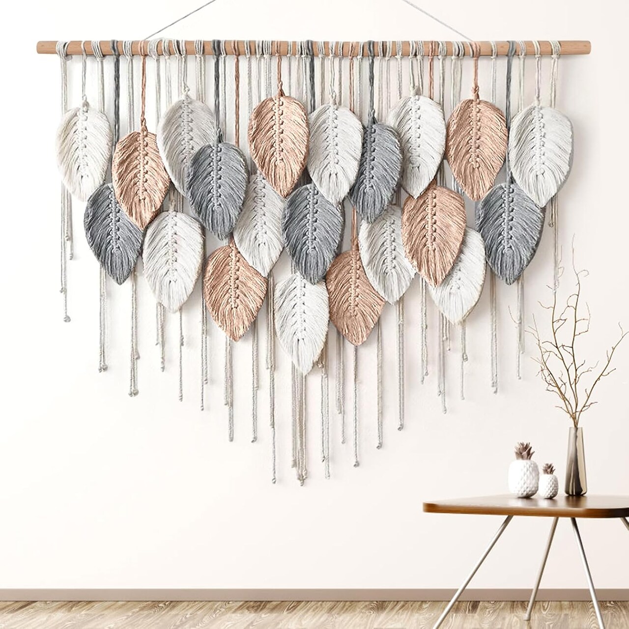Large Macramé Wall Hanging – Boho Woven Tapestry, Handmade Leaf & Feather Design, Modern Bohemian Wall Art for Apartment, Dorm, Living Room, Bedroom, or Nursery, 39" W x 29.5" L